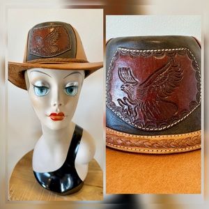 Vintage Leather Brimmed Outback/Cowboy Hat with Embossed Eagle Patch